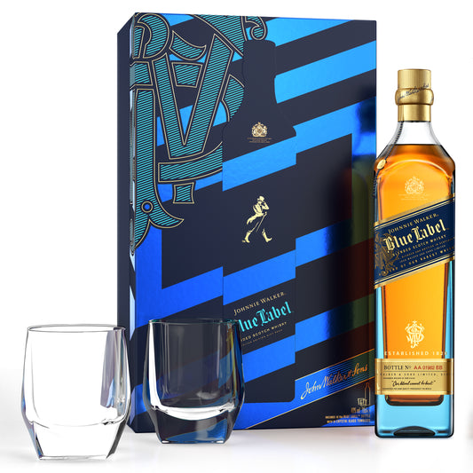 Johnnie Walker Blue Label Blended Scotch Whisky 70cl Geschenkset mit 2 Kristallgläsern