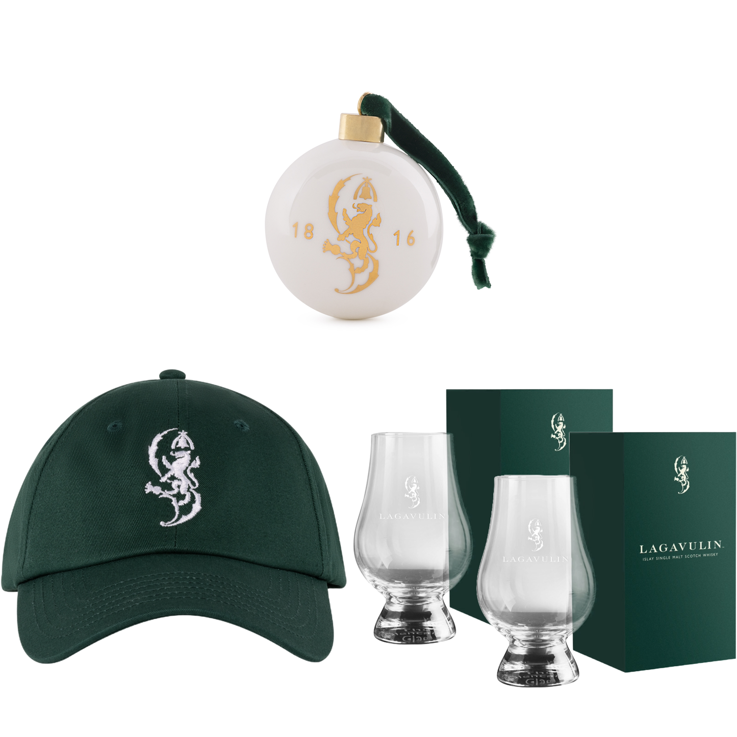 Lagavulin Cap Grün, 2 Lagavulin Glencairn Gläser & Lagavulin Weihnachtskugel